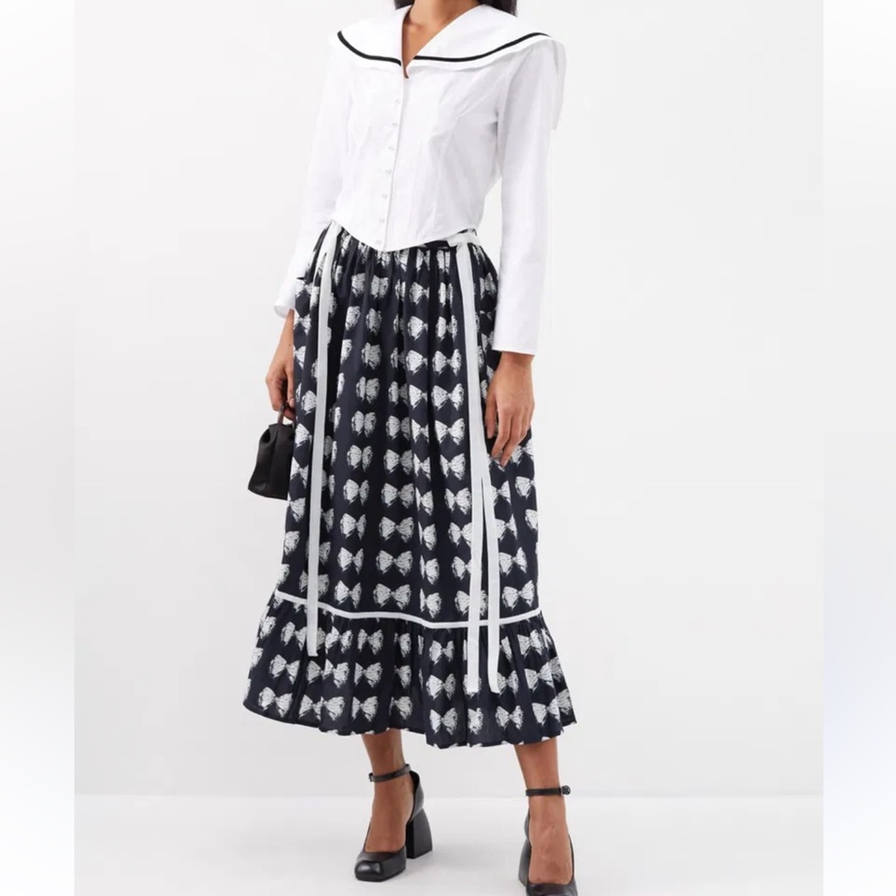 NWT Batsheva Black Kipp Antique Bow Cotton Printed Midi Tiered Ruffle Skirt 10